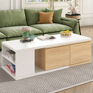 English Elm 47.2''-57''W Extendable Coffee Table With 2 Storage Drawers, Dual-Tone Wood Center Table With Extendable Sliding Tabletop, Multi-Functional Hidden Storage Sofa Table For Living Room, White