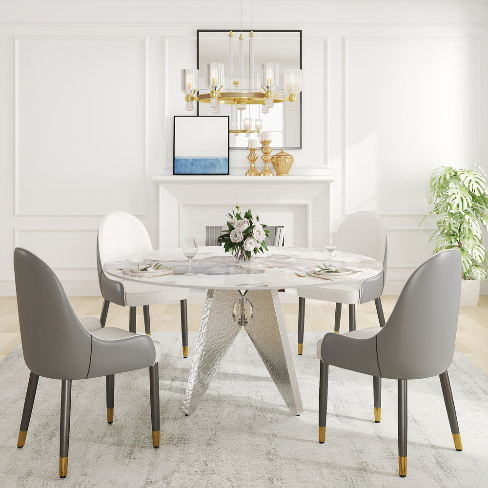 English Elm 59.05" Round Marble Dining Table - Sturdy Stainless Steel Base, Seats 6-8, Stylish For Modern Homes W1535S00463