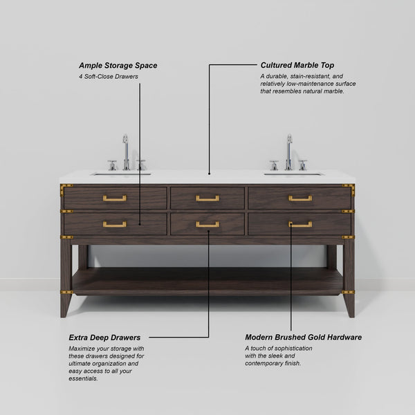 English Elm Brown Oak Double Bath Vanity With Cultured Marble Top, Faucets, Storage & Mirrors For Style Upgrade B2731S01898