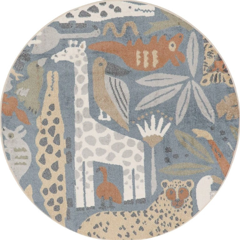 8 Foot Round Animal Print Polyester Rug Bold Blue Modern Living Room Accent