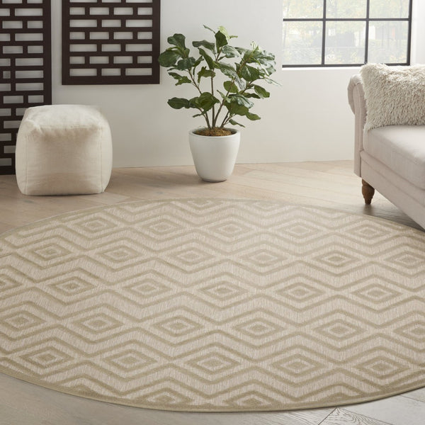 HomeRoots 8' Cream Round Geometric Area Rug - Modern Indoor/Outdoor Design, Durable & Easy to Clean for Every Space 572836