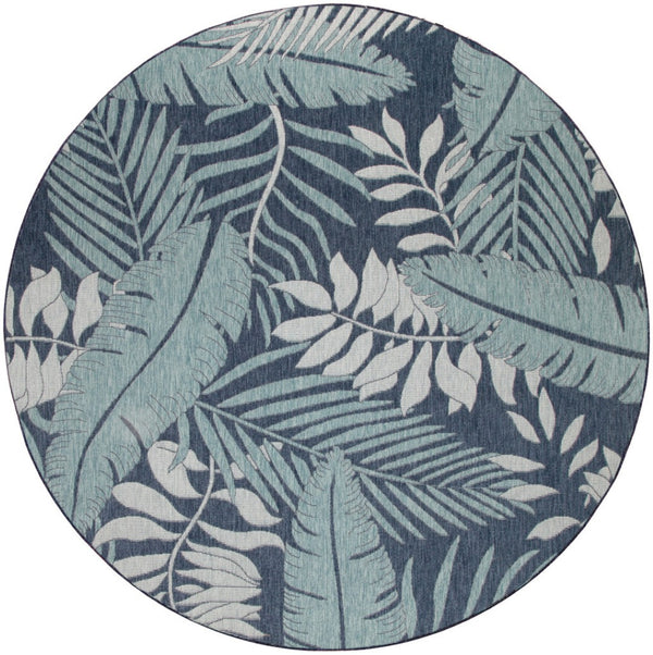 HomeRoots 8' Navy Blue Round Floral Area Rug - Stylish Indoor/Outdoor Durable Design for Patios, Kitchens & More 572837