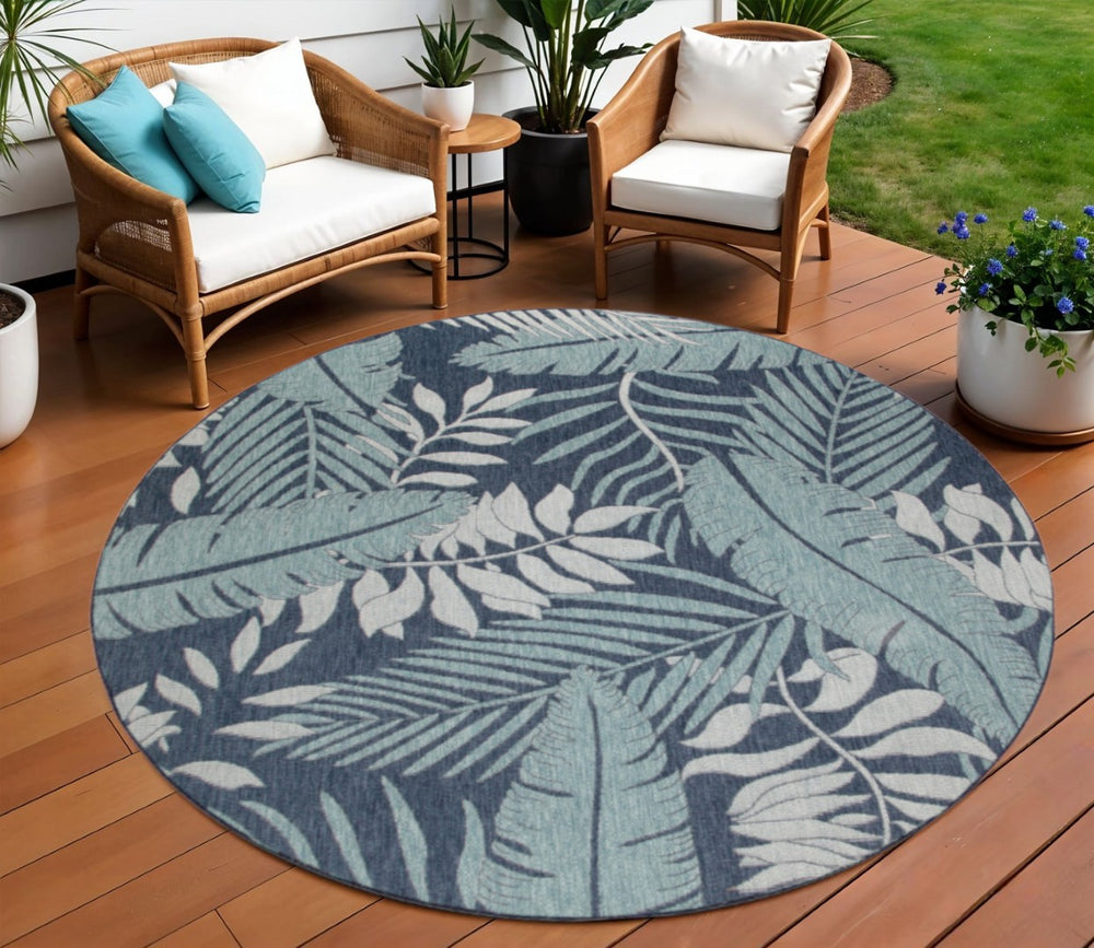 HomeRoots 8' Navy Blue Round Floral Area Rug - Stylish Indoor/Outdoor Durable Design for Patios, Kitchens & More 572837