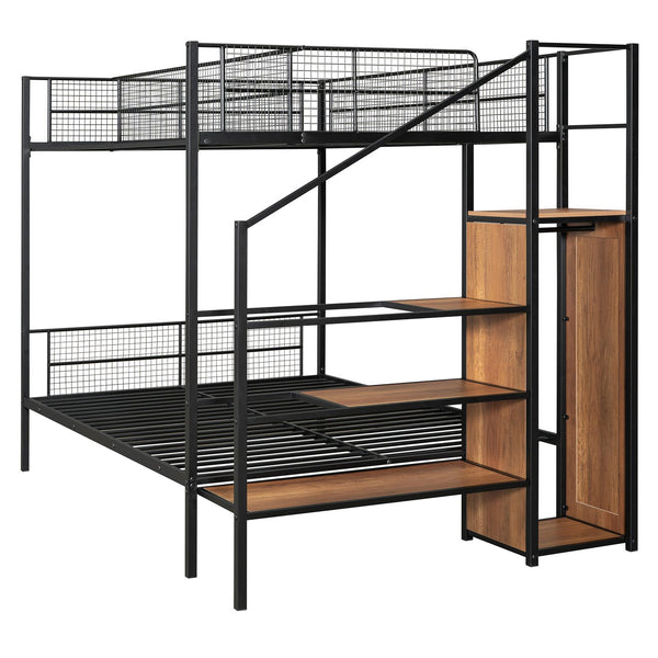 English Elm Twin Over Full Metal Bunk Bed with Trundle, Step Ladder Storage, Wardrobe & Wire Shelving, Durable Frame Black SF000172AAB