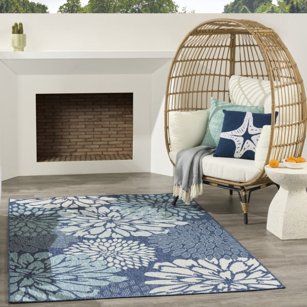 HomeRoots 6' X 9' Navy Blue Floral Area Rug - Durable Indoor/Outdoor Design, Easy Care, Timeless Elegance 572888