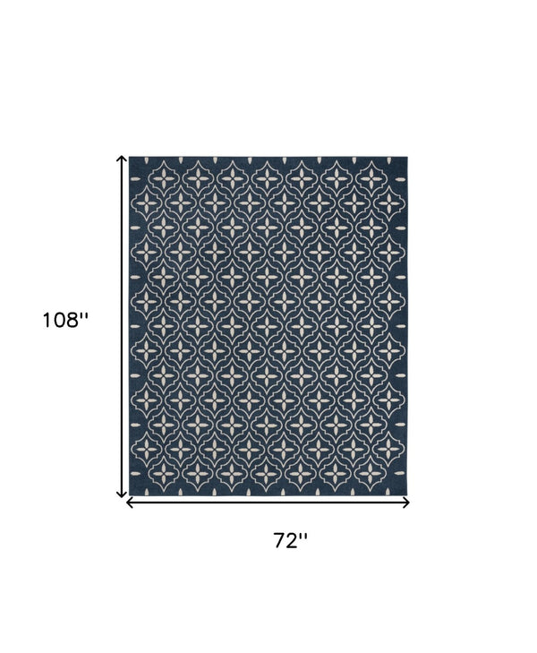 HomeRoots 6' X 9' Stylish Navy Blue & Ivory Geometric Area Rug for Indoor & Outdoor Use - Durable & Easy Care! 572906