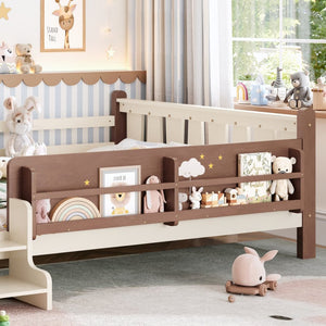 English Elm Queen Bunk Bed with Trundle Solid Pine Kids Car Themed Frame Built-in Bookshelf Beige+Natural W1580S00536