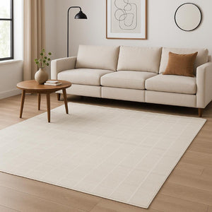 6 X 9 Ivory Geometric Area Rug Plush Synthetic Pile for Modern Living Spaces