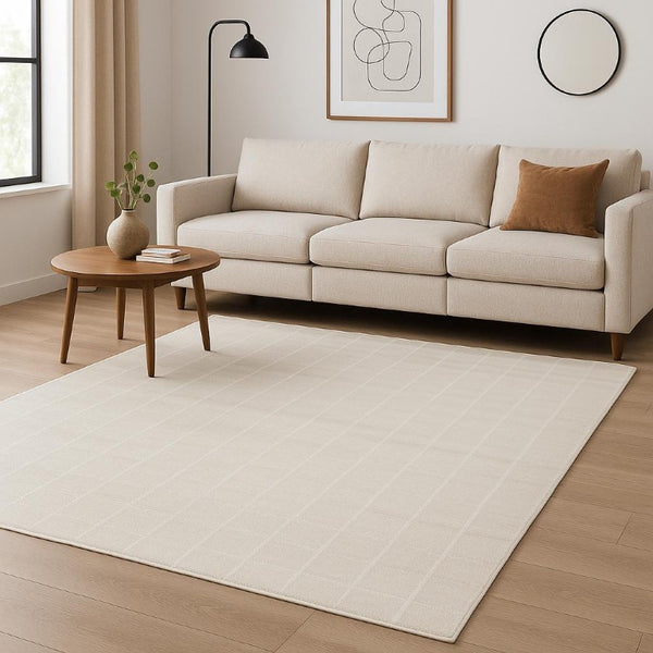 6 X 9 Ivory Geometric Area Rug Plush Synthetic Pile for Modern Living Spaces