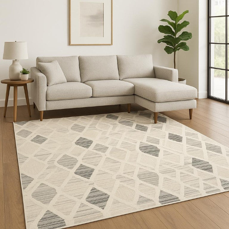 Beige Geometric Area Rug Low Pile Synthetic Weave Bohemian Accent for Living Rooms