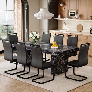 English Elm Table and Chair Set 9 Piece Black Marble Mdf Dining with 8 Pu Leather Seats W1151S03924