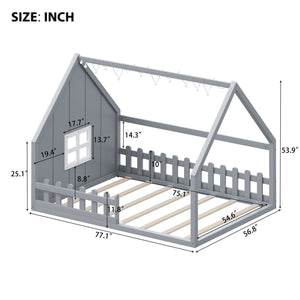 English Elm Full House Bed Frame with Window & Fence Playhouse Design, Sturdy Pine/MDF, Safe 400lb Capacity Gray N709P215545E