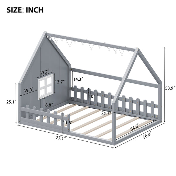 English Elm Full House Bed Frame with Window & Fence Playhouse Design, Sturdy Pine/MDF, Safe 400lb Capacity Gray N709P215545E