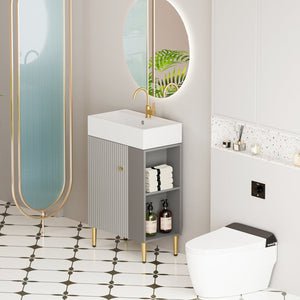 English Elm 21.6" Bathroom Vanity Ceramic Sink Soft Close Cabinet Open Shelf Grey Finish W1573S00023