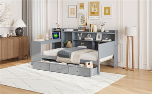 English Elm Twin Size Multifunctional Wooden Daybed With Usb Ports, Desk & 3 Storage Drawers In Gray Finish N820S00017E-GIGA