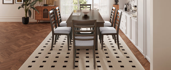 English Elm 7 Extendable Dining Table Set with 18" Leaf and 6 Upholstered Chairs — Rustic Farmhouse 60–78" Wood Veneer Table Brown N752S000090D