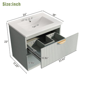 English Elm Modern 24-Inch Wall-Mounted Bathroom Vanity with 2 Drawers, Gold Handles, Space-Saving Luxury Green WF324047AAF