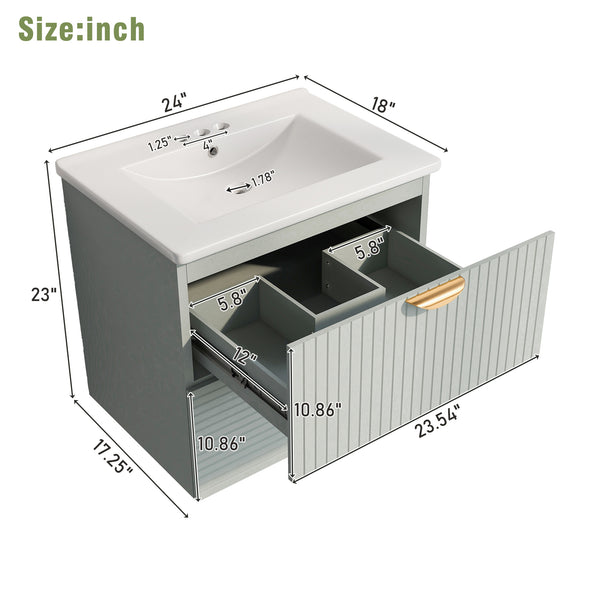 English Elm Modern 24-Inch Wall-Mounted Bathroom Vanity with 2 Drawers, Gold Handles, Space-Saving Luxury Green WF324047AAF