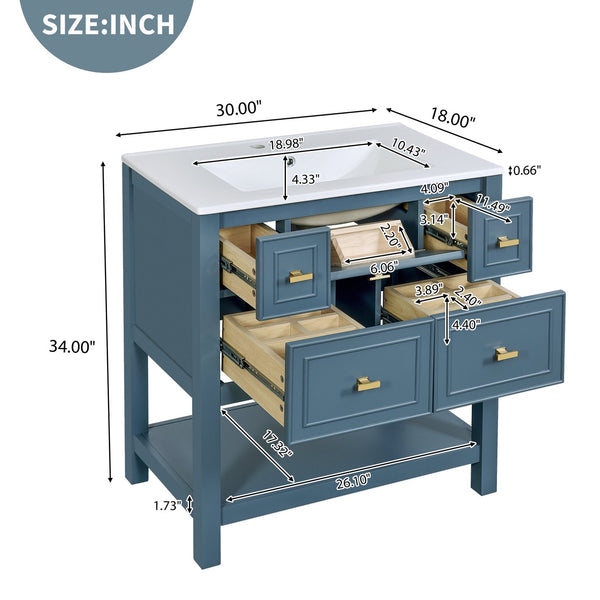 English Elm 30'' Bathroom Vanity with Ceramic Sink, Solid Wood Frame Freestanding Cabinet with 5 Drawers, Gold Knobs and Smooth Slide Rails Blue N710P247488C