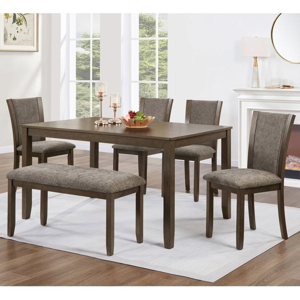 English Elm 6-Piece Rustic Dining Table Set With Bench & Chairs For 6, Dark Walnut Finish, Farmhouse Charm W1998S00086