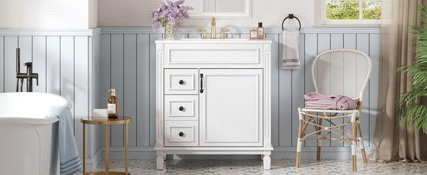 English Elm 30" French-Inspired Bathroom Vanity With Ceramic Sink & Dual Drawers - Elegant Storage Solution! N710P323328K