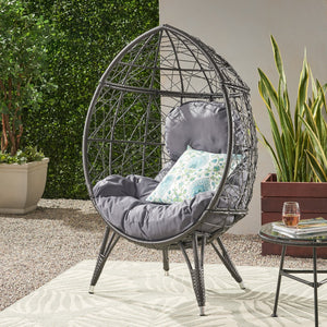 English Elm Christopher Knight Home® - SANTINO Teardrop Wicker Chair with Water‑Resistant Cushion, Gray Faux Rattan, Iron Frame, Cozy Lounger 65646.00GDGRY