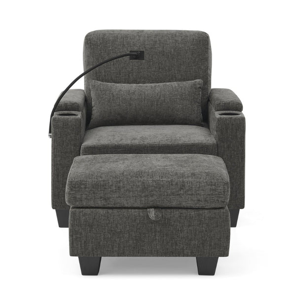 English Elm Single Chenille Manual Recliner with Usb Port Hidden Storage Ottoman and Cup Holders Gray W487P423648