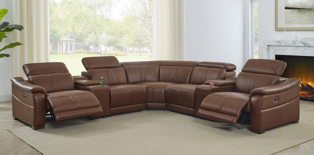 English Elm Leather Match Power Reclining Sectional with Storage Console and Adjustable Headrests Dark Brown B2748S00036