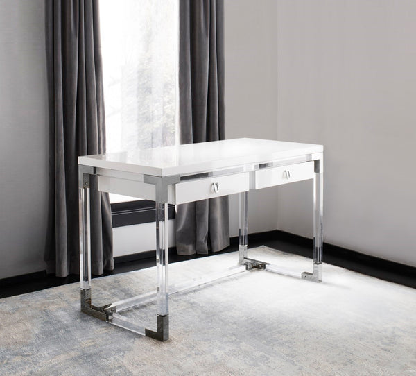 Pasargad Home Firenze Lacquer & Lucite Desk – Modern White Workspace With Storage Drawers White Lacquer & Lucite Re-3535