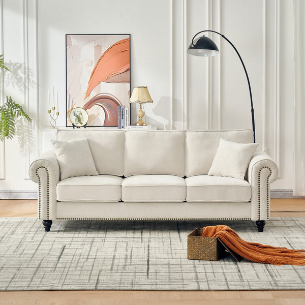 English Elm 86" Modern 3-Seater Sofa with Rolled Arms Chenille Upholstery, Nailhead Trim, Solid Wood Base for Living Room Comfort and Durability Beige W3373S00018