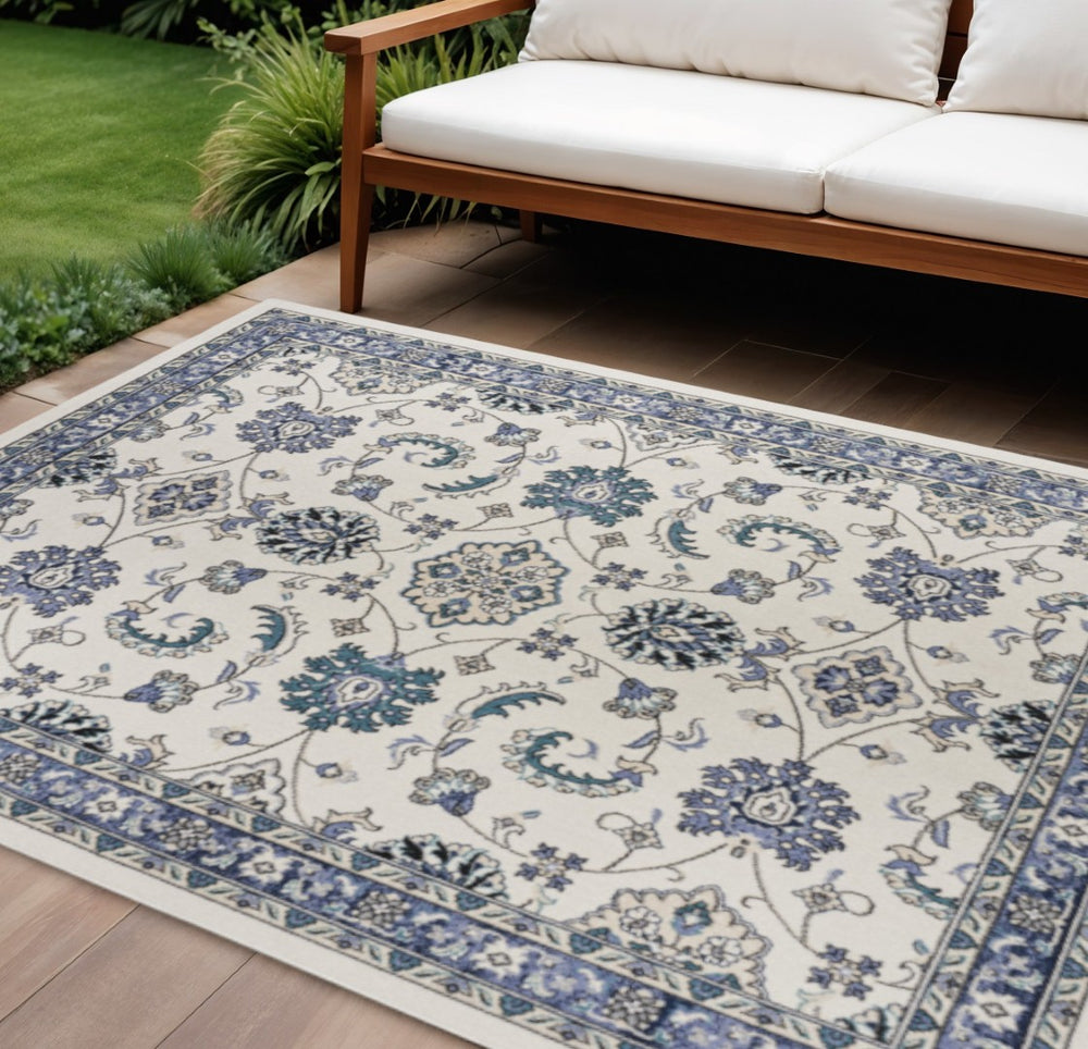 HomeRoots 7' Elegant Ivory and Blue Floral Indoor/Outdoor Area Rug - Durable, Low Maintenance, Versatile Design 573049