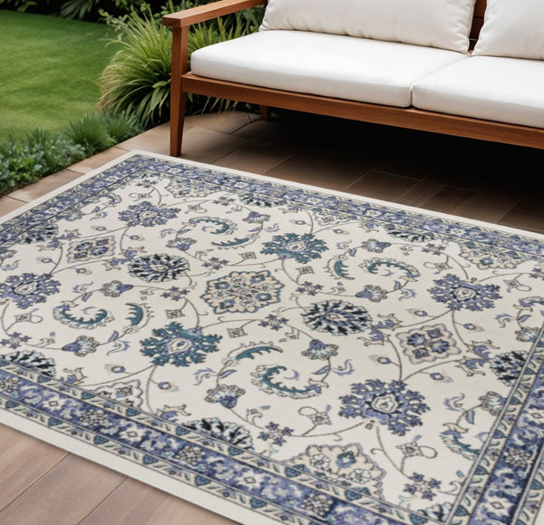 HomeRoots 7' Elegant Ivory and Blue Floral Indoor/Outdoor Area Rug - Durable, Low Maintenance, Versatile Design 573049