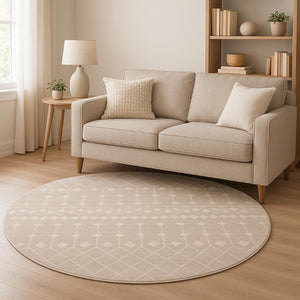 8 Foot Round Beige Geometric Area Rug Polypropylene Stain Resistant Living Room