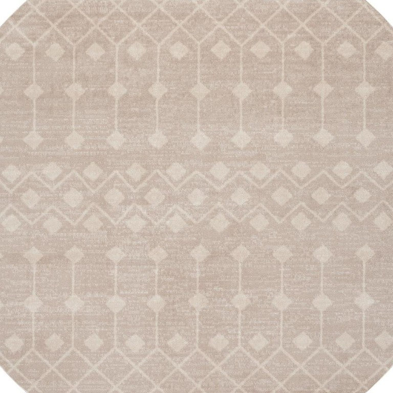 8 Foot Round Beige Geometric Area Rug Polypropylene Stain Resistant Living Room