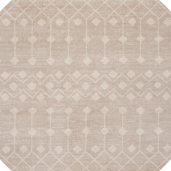 8 Foot Round Beige Geometric Area Rug Polypropylene Stain Resistant Living Room