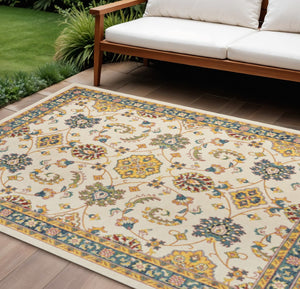 HomeRoots 8' X 10' Ivory and Gold Floral Area Rug - Elegant Indoor/Outdoor Design with Durable Polypropylene Finish 573058