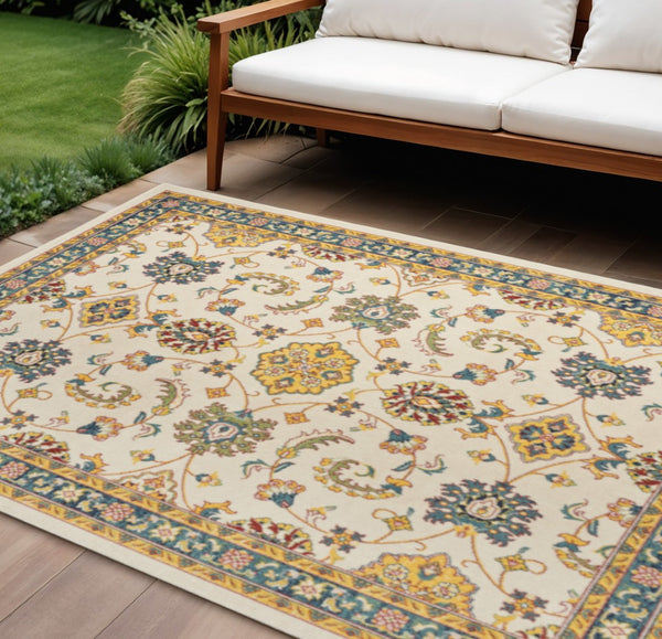 HomeRoots 8' X 10' Ivory and Gold Floral Area Rug - Elegant Indoor/Outdoor Design with Durable Polypropylene Finish 573058