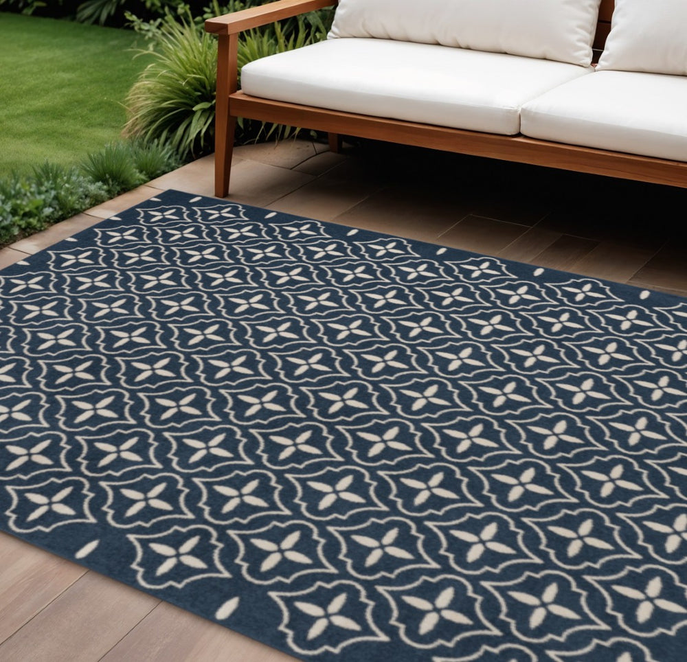 HomeRoots 8' X 10' Navy Blue Geometric Area Rug - Indoor/Outdoor Durable, Easy-Clean, Modern Design for Any Space 573066