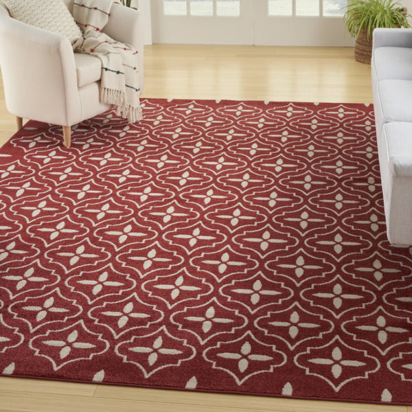 HomeRoots 8' x 10' Geometric Area Rug in Brick Red & Ivory - Stylish Indoor/Outdoor Design for Any Space 573071