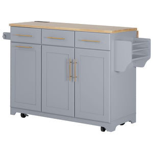 English Elm K&k Rolling Kitchen Island Rubber Wood Top Brass Hardware Built-in Outlets Storage Grey+Blue N707S299014G