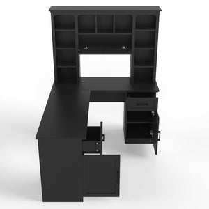 English Elm L-shaped Home Office Desk with Open Shelves Flip Shelf Cabinets and Drawer Storage Black W1580S00493