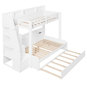 English Elm Twin Over Full Bunk Bed with Stair Drawers Shelves Led Lighting and Usb Port White N7090005013K
