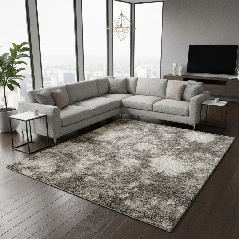Floral Power Loomed Polypropylene Area Rug Stain Resistant Low Pile for Living Room in Gray