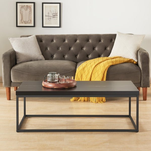 English Elm 47" Faux Stone Slab Coffee Table with Powder-coated Steel Frame for Modern Loft Living Black Marble-Look Sintered Stone W3151P400579