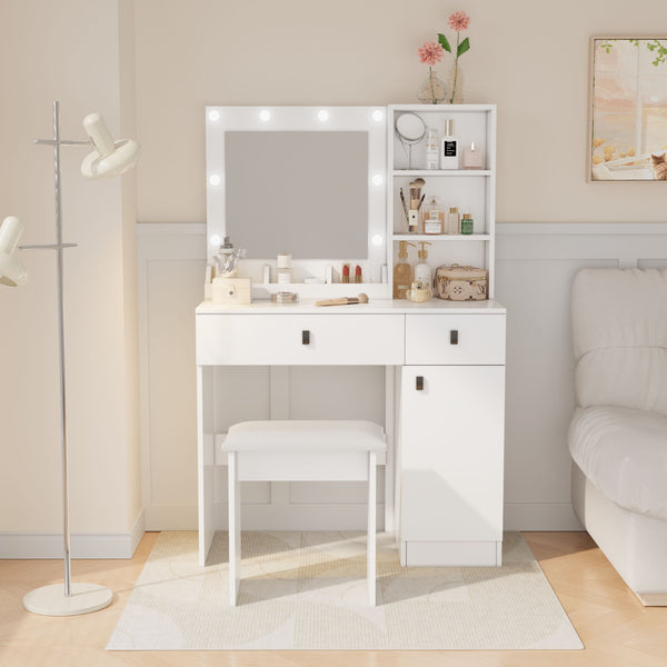 English Elm Vanity LED Makeup Desk with 3-Mode Mirror, Adjustable Brightness, Large Drawers & Shelves White W2139P194436