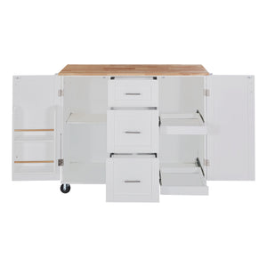 English Elm K&K Rolling Kitchen Island with Rubber Wood Top, 3 Drawers, Slide-Out Shelves & Locking Wheels for Organized Culinary Storage and Mobility White WF316599AAW