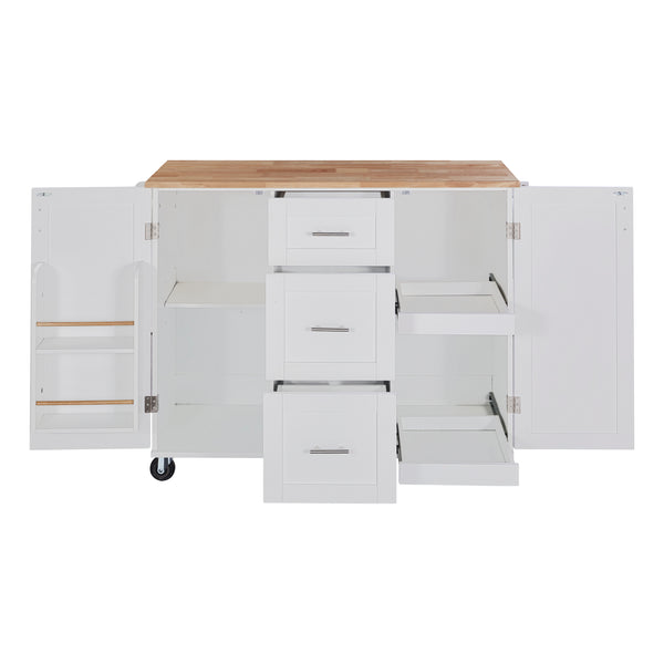 English Elm K&K Rolling Kitchen Island with Rubber Wood Top, 3 Drawers, Slide-Out Shelves & Locking Wheels for Organized Culinary Storage and Mobility White WF316599AAW