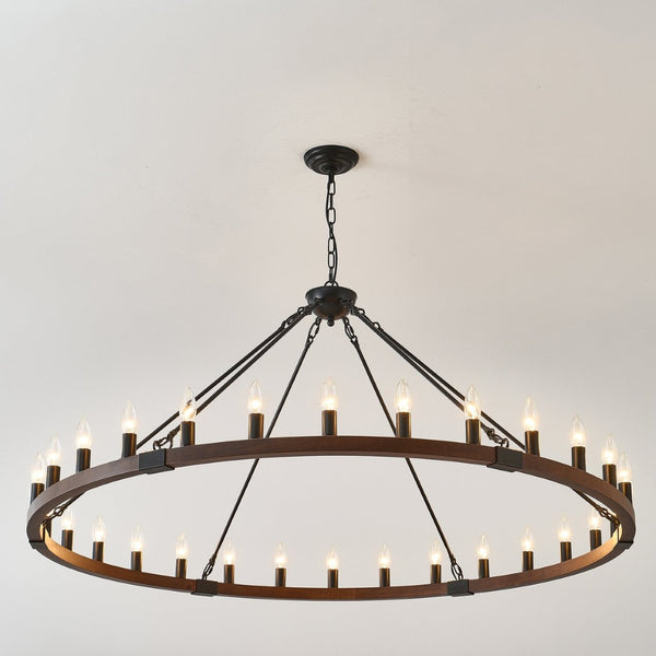 English Elm 53.15 Inch Wagon Wheel Chandelier Wood Matte Black 30 Light Seeded Glass Farmhouse W5008P464800