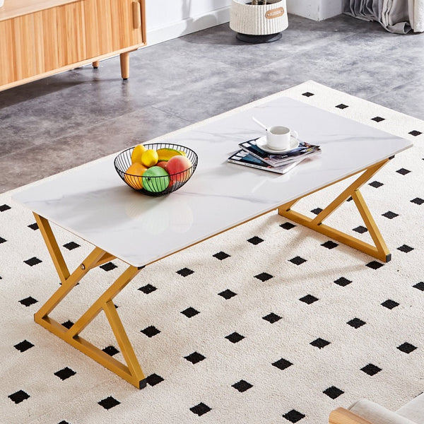 English Elm A Sintered Stone Top Coffee Table with Golden X Legs for Modern Living Rooms W1151P154282