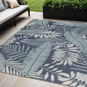 HomeRoots 10' Navy Blue Floral Indoor Outdoor Area Rug - Durable, Elegant Design for High-Traffic Spaces 573231